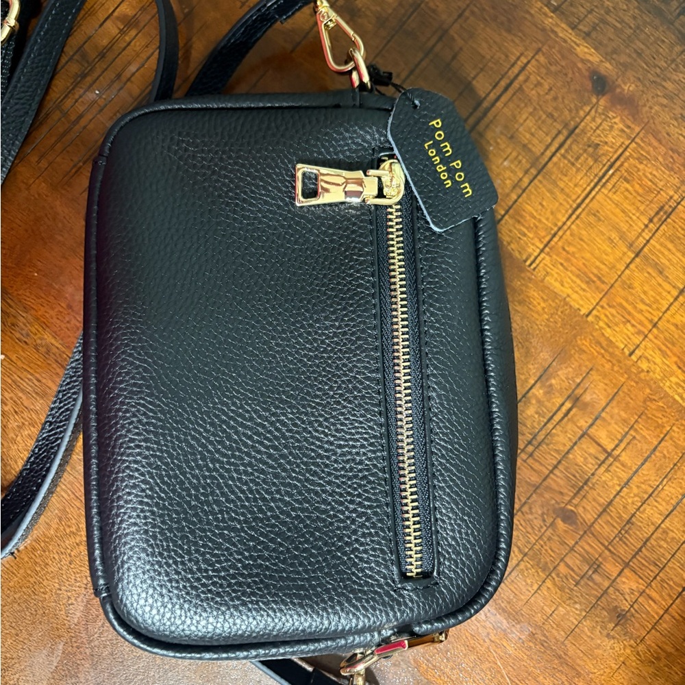 Pom Pom London Black Pebbled Leather Crossbody Bag